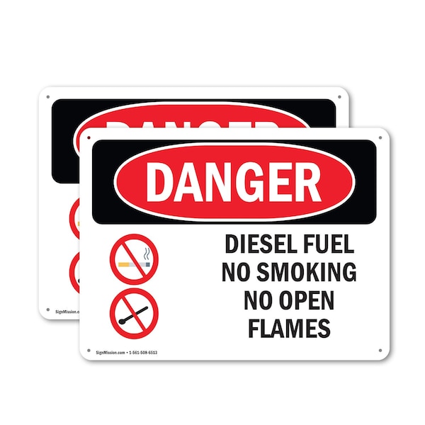 Signmission Diesel Fuel No Smoking No Open Flames Danger Sign, Plastic, 14in W x 10in L, 2PK OS-2PACK-DS-P-1014-L-1124 - main